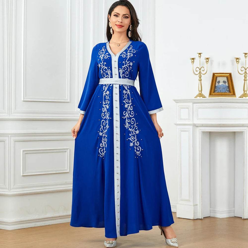 Muslim Fashion Beading Ebroidered Print V-neck long-sleeved Dress Moroccan Islamic Dress With Belt Elegant Party Dress - AIAZ