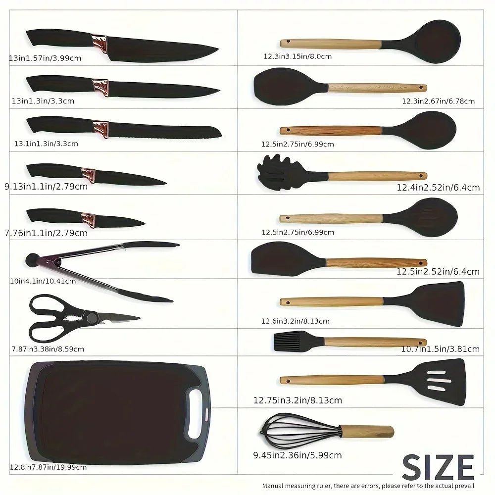19 Pcs Non-Stick Silicone Kitchen Utensil Set with Knives Heat-Resistant Tools in Bamboo Storage Perfect for Cooking