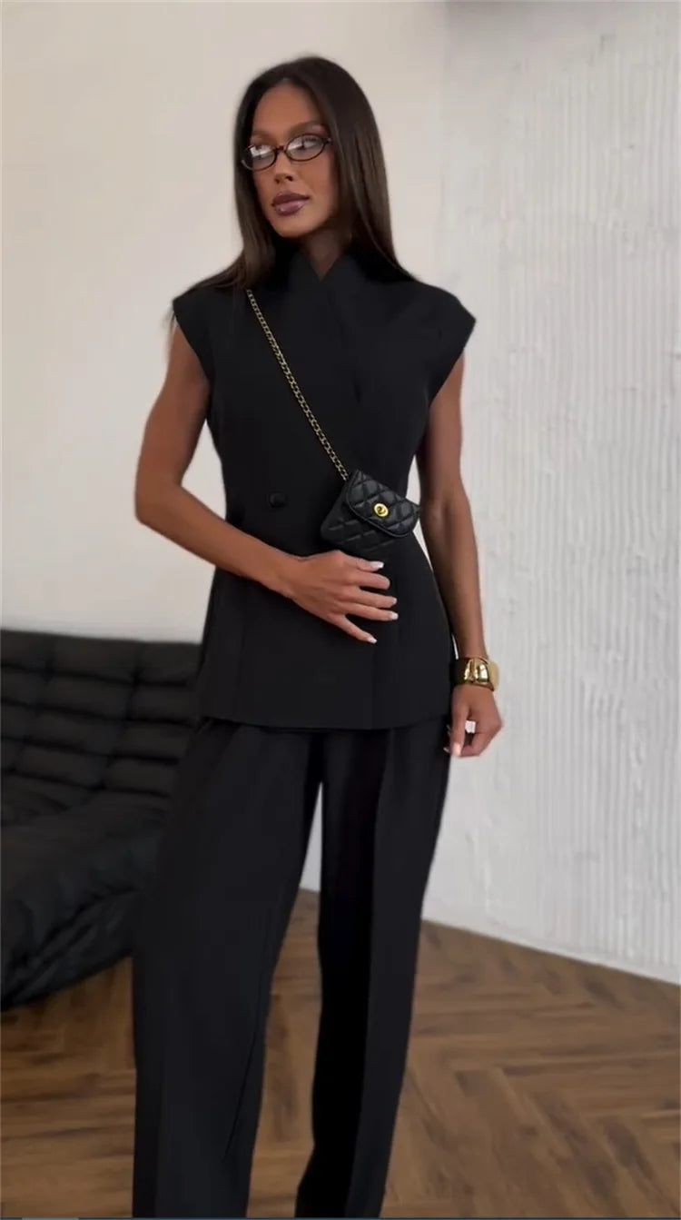 Street Slim Vest Pant Outfit Spring Women Sleeveless Double Breasted Tank Top+High Waist Zip Wide Leg Pants Summer Two Piece Set