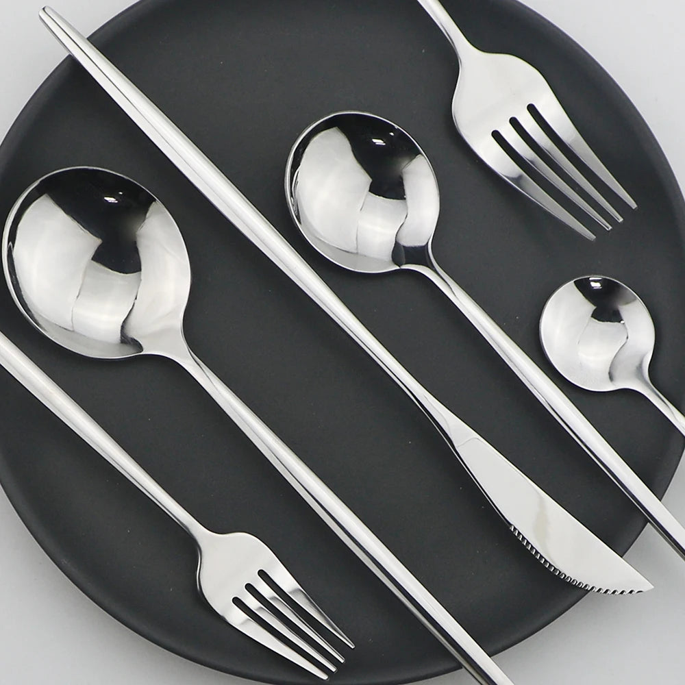 24Pcs Stainless Steel Dinnerware Set Kitchen Fork Spoon Knife Dinner Cutlery Set White Silver Western Flatware Tableware Set