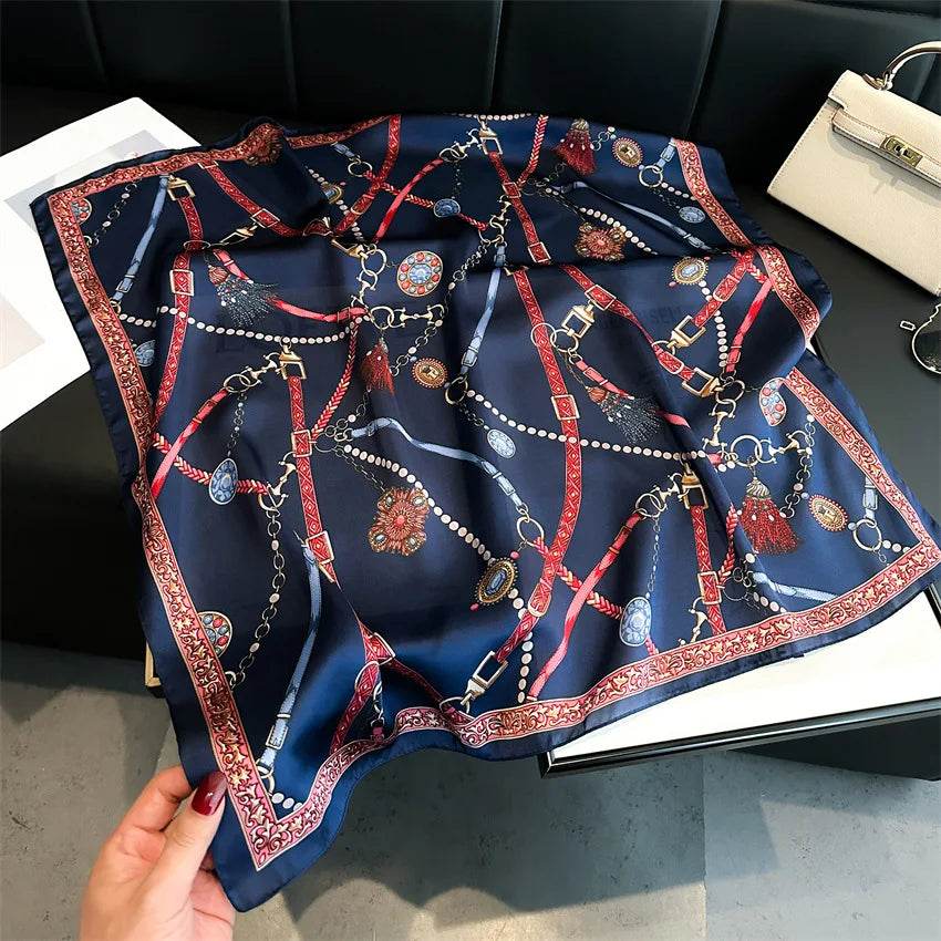 Luxury Chain Print Small Square Scarf Simulated Silk Thin Neck Scarf Fashion Sunscreen Headscarf For Women 70x70cm - AIAZ