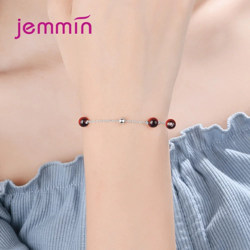 Charm 925 Sterling Silver Red Garnet Beads Chain Bangle&Bracelets for Women Girls Wedding Party Fashion Jewelry Gifts Accessory