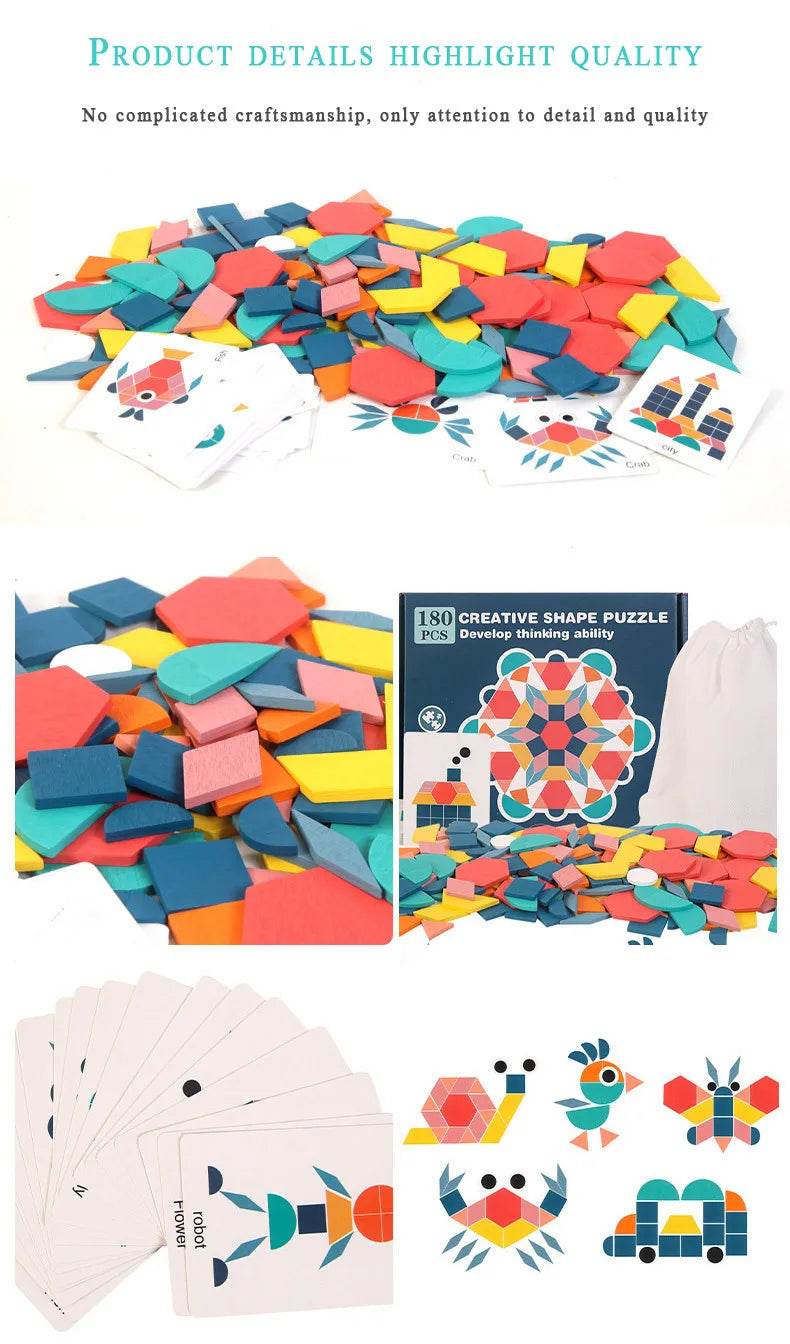 Hot Sale 180Pcs Montessori Kids Wooden 3D Geometric Shape Jigsaw Puzzle Board Set Baby Early Education Toys for Children - AIAZ