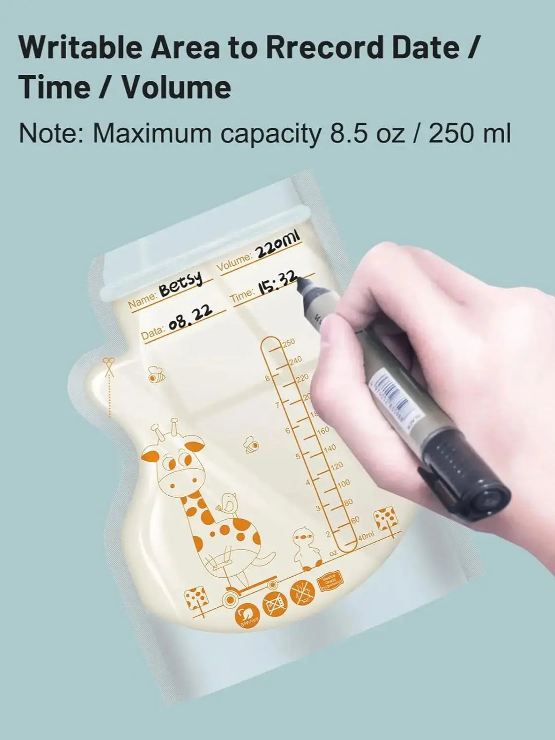 250ml  100pcs Breastmilk Storage Bag Self Standing Baby Food Storage Containers No Leak Milk Freezer Bags Safe Feed BPA Free