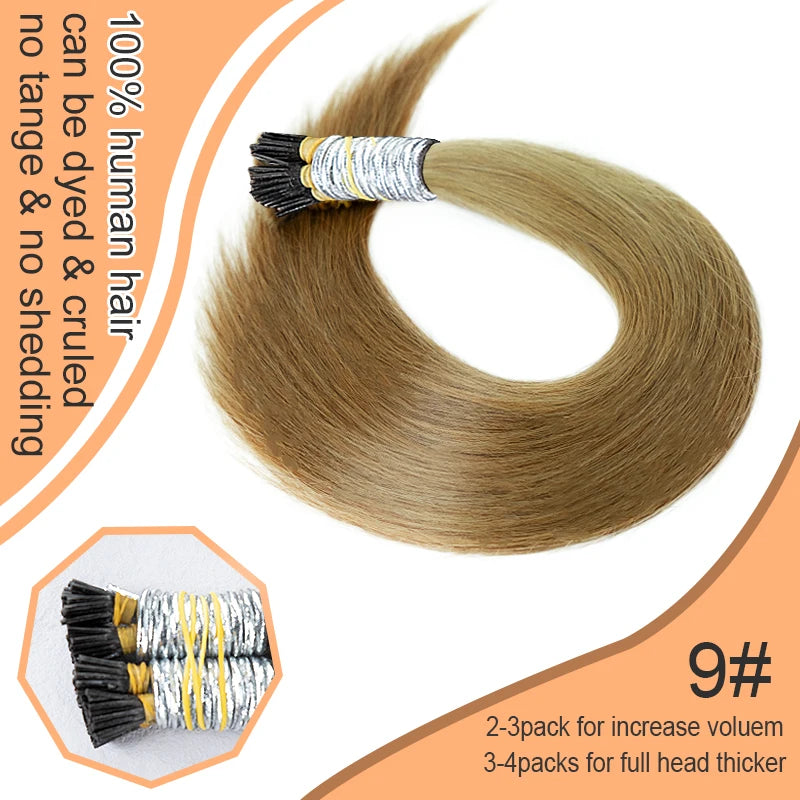 100% Human Hair Straight I Tip Hair Extensions Natural Real Human Fusion Hair Extensions Keratin Capsule Brown 613 Blonde Color