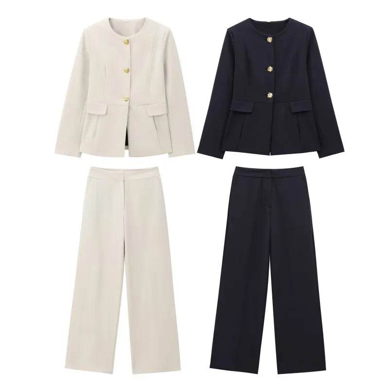 Women's Suit Set Business Formal Blazer & Pants Gold Button Jacket High Waist Straight Leg Office Wear Spring Wrinkle-Resistant - AIAZ