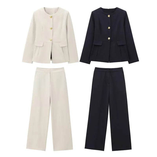 Women's Suit Set Business Formal Blazer & Pants Gold Button Jacket High Waist Straight Leg Office Wear Spring Wrinkle-Resistant - AIAZ