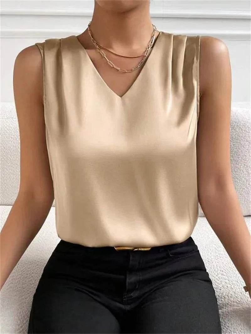 Women's vest elegant temperament V-neck vest summer vacation simple solid color fashion all-matching sleeveless top - AIAZ