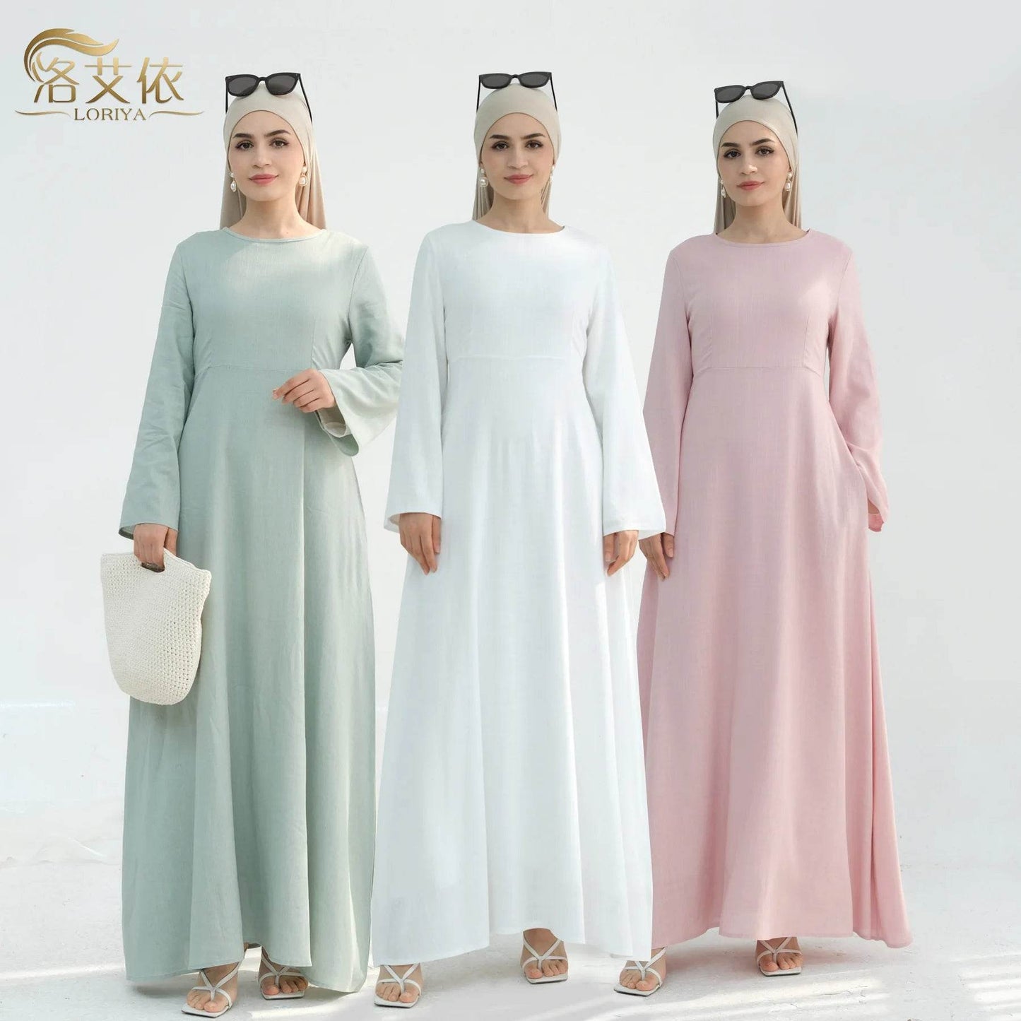 Muslim Women Long Loose Maxi Dress Dubai Turkey Solid Color Cotton Linen Waist Robe Abaya - AIAZ