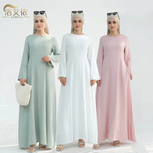 Muslim Women Long Loose Maxi Dress Dubai Turkey Solid Color Cotton Linen Waist Robe Abaya - AIAZ