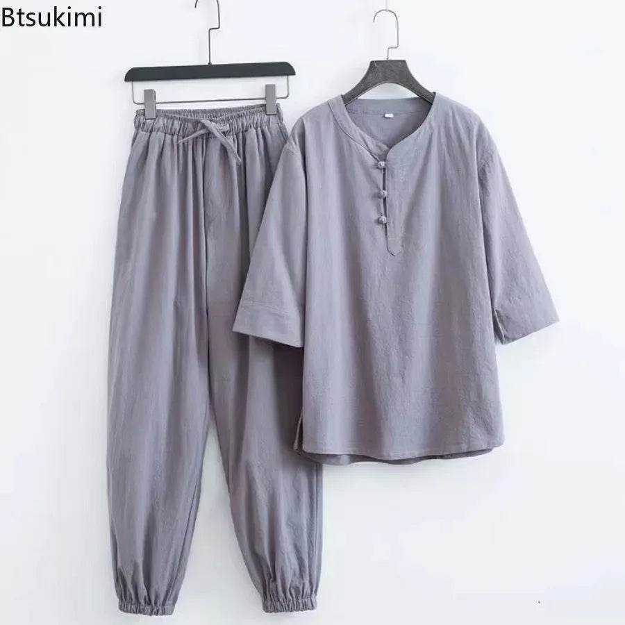 New Men's Cotton Linen Sets Chinese Style Solid Short Sleeve Pants Two Pieces Traditional Clothes Kung Fu Uniform Tang Suit Male - AIAZ