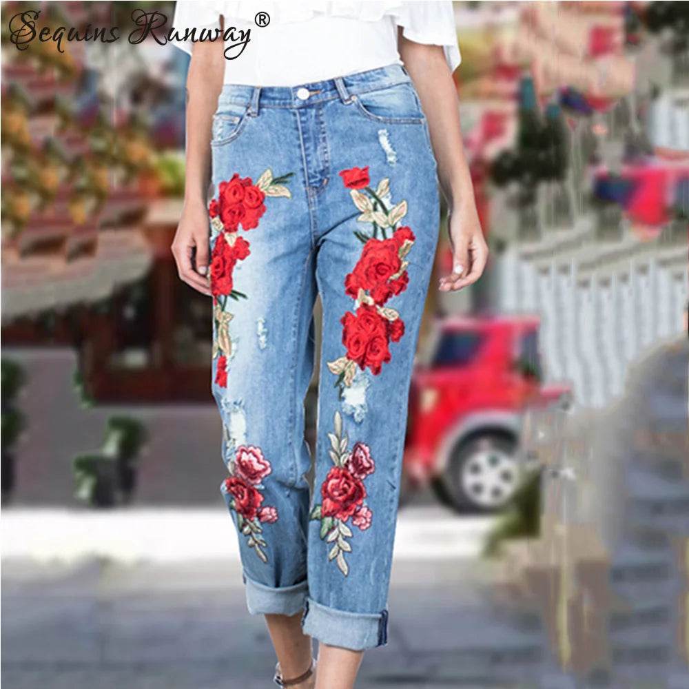 Sexy Embroidery fashion streetwear women mom jeans woman jean stacked pants boyfriend baggy jeans vintage clothes denim trousers - AIAZ