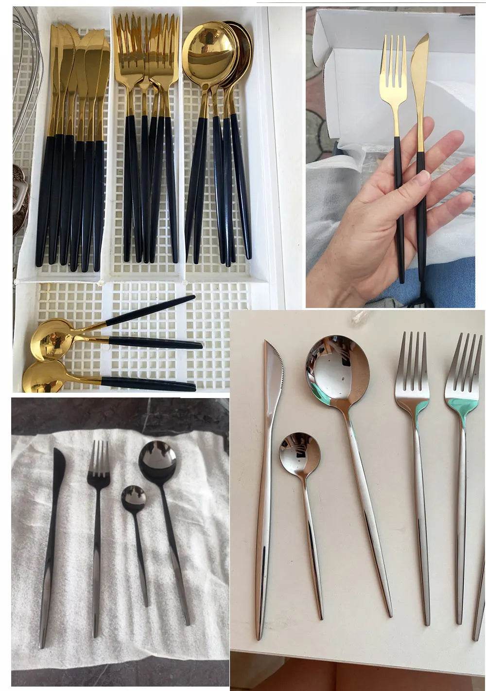24Pcs Black Handle Golden Cutlery Set Stainless Steel Knife Fork Spoon Tableware Flatware Set Festival Kitchen Dinnerware Gift - AIAZ