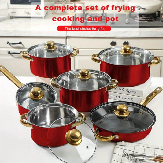 12pcs Stainless Steel Kitchenware Set, Multi-Color Non-Stick Pan Set, Pan, Pan, Pan with Lid, Versatile, Stylish And Durable - AIAZ