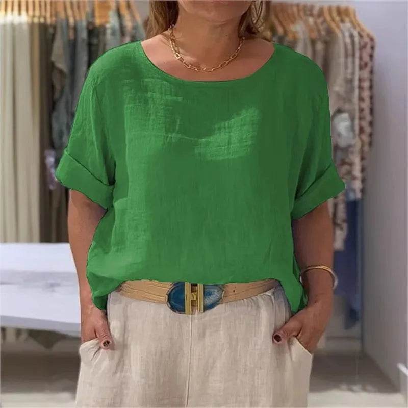 Women's Shirt Summer Fall New Solid Top Fashion Mid-sleeve O-neck Cotton Linen Button-up Casual Loose Shirts For Women Clothing - AIAZ