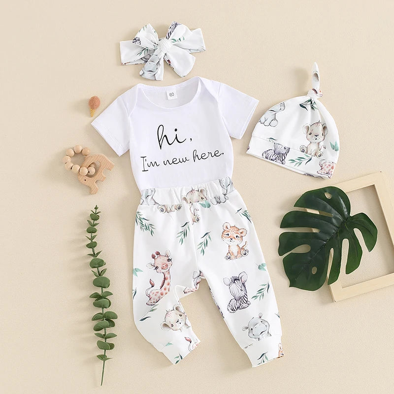 Citgeett Summer Infant Baby Boys Girls Outfits Short Sleeve Animal Print Romper + Pants + Headband + Hat Set Clothes