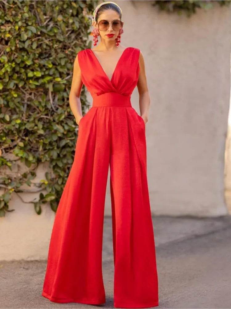 Jumpsuit Women Summer New Sleeveless Sexy Deep V-neck Solid Color High Waist Wide Leg Jumpsuits Elegant Commuting Lady Playsuits - AIAZ