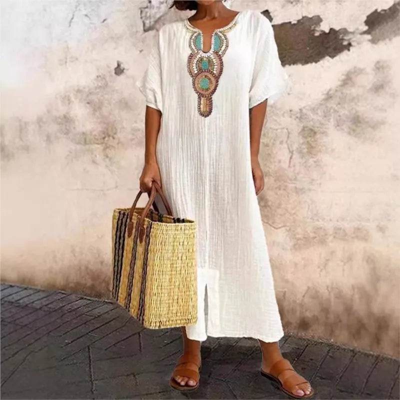 Boho Vintage Embroidered Cotton Linen Long Dresses Women Summer 2025 New V Neck Split Hem White Dress Beach Party Dress Robe - AIAZ