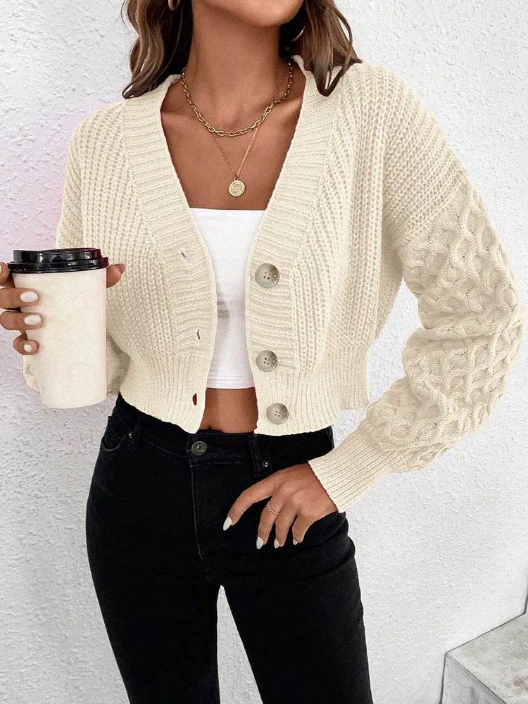 Women's Knitted Cardigan Sweater Autumn Winter Twist Knit Open Front with Buttons Fashionable Warm Top - AIAZ