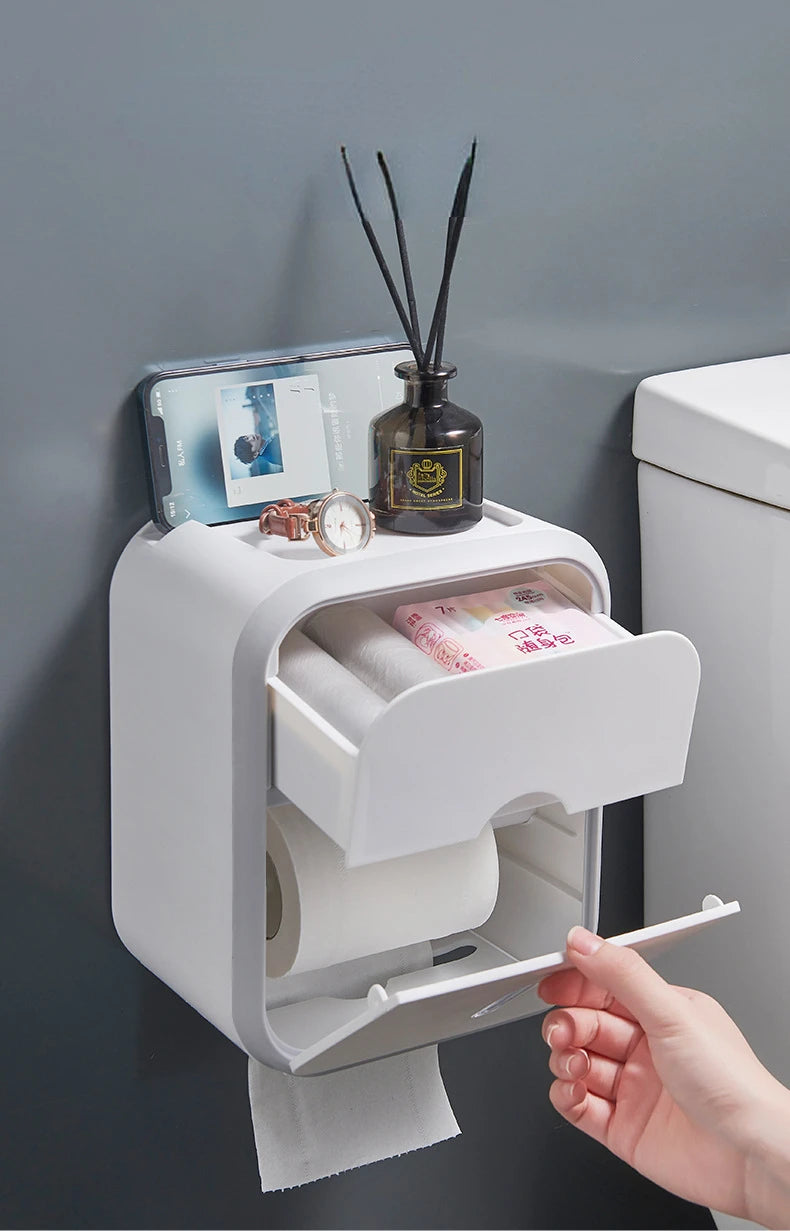 Toilet Paper Holder Box holder Bathroom Rack Waterproof Reel Tissue Storage Box Punch-free Kitchen Bathroom Storage Holder