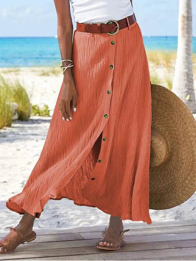 Women Skirt 2025 Spring Summer New Fashion Casual Cotton And Linen Solid Color Buttons Skirt Split A- Line Hip Waist Long Skirt - AIAZ