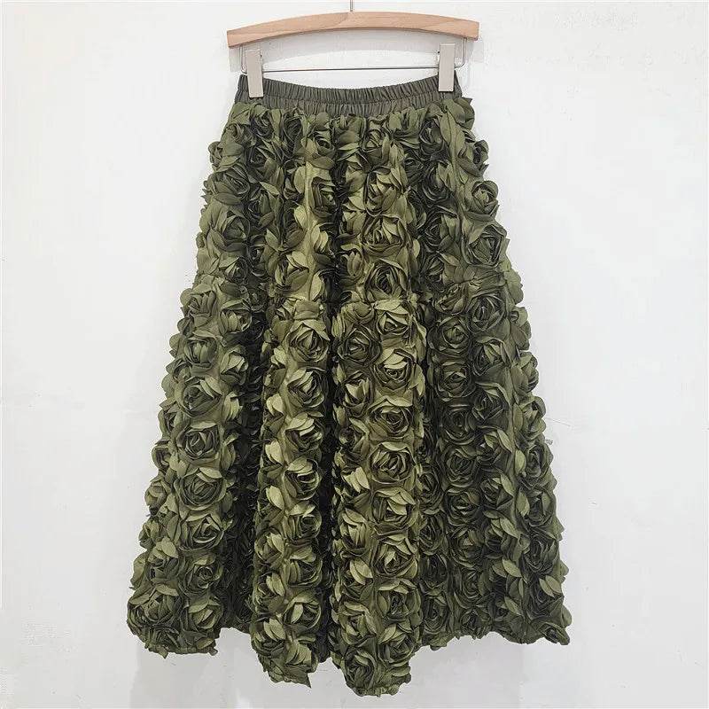 Skirt for Women 2025 Summer Versatile Three Dimensional Flower Mid-calf Skirt High Waist Big Swing Fashion A-line Long Skirts - AIAZ