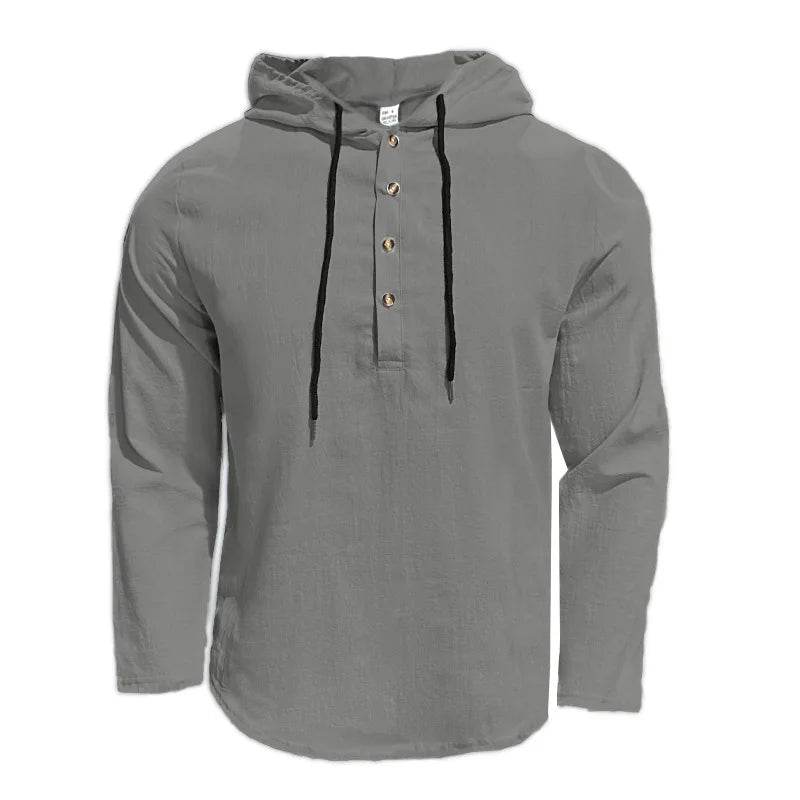 24 New cotton and linen shirts hooded loose large size casual sweater long sleeve hoodie men - AIAZ