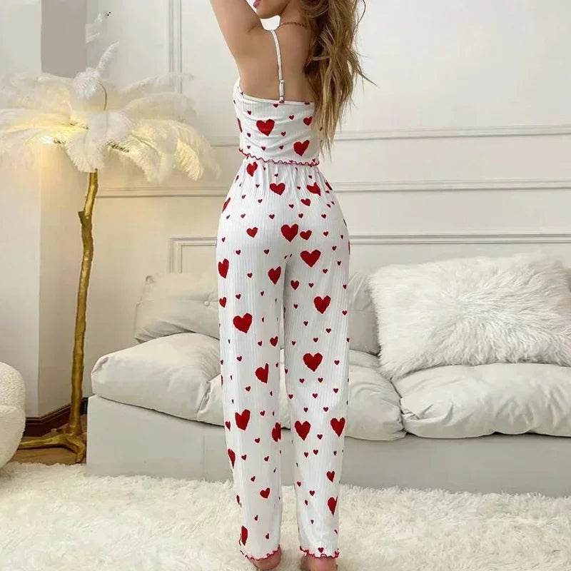 Women Sleepwear Autumn Winter Pajamas Sets Heart Print Sleeveless Cami Vest with Long Pants Trouser Set Sexy Lingerie Pyjamas - AIAZ
