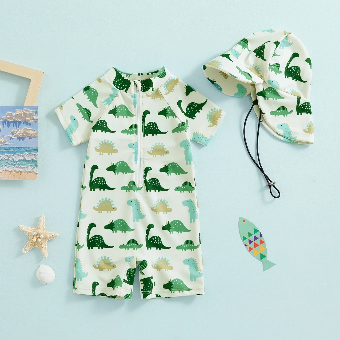 Infant Baby Boys Swimsuit Sun Protection Bathing Suit Toddler Short Sleeve Animal Print Zipper Swimwear + Hat Children Beachwear