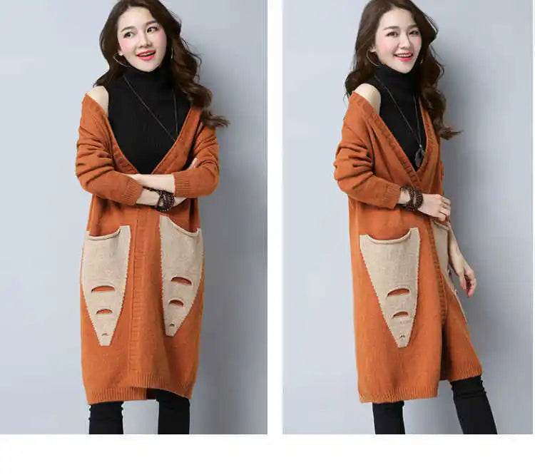 Knitted cardigan women's mid length westernized top autumn and winter new Korean version loose sweater age reducing jacket women - AIAZ