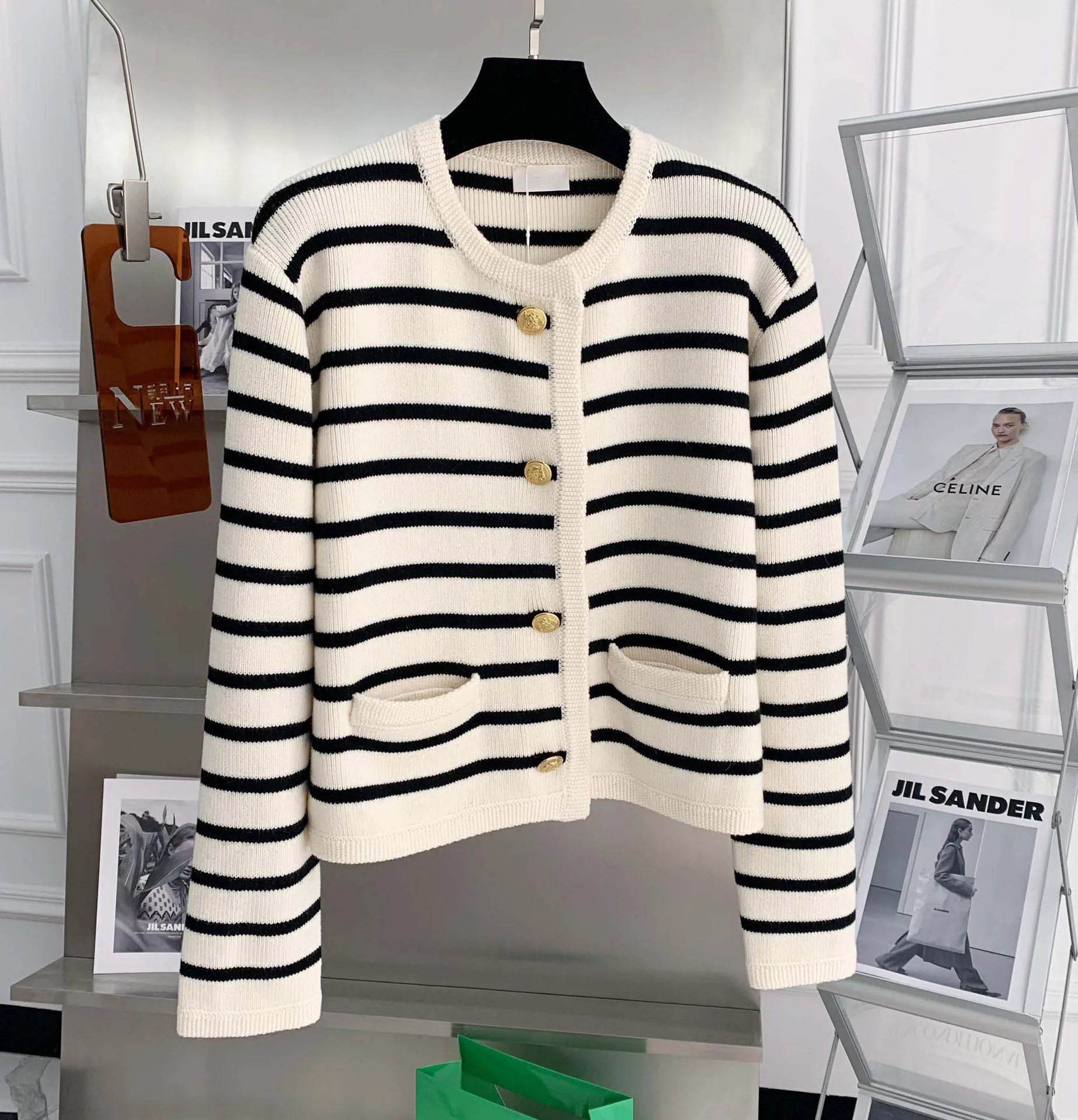 Women Stripe Knitted Cardigans Spring Autumn O-neck Single Breasted Long Sleeve Crop Tops Fashion Casual Chic Female Sweaters - AIAZ