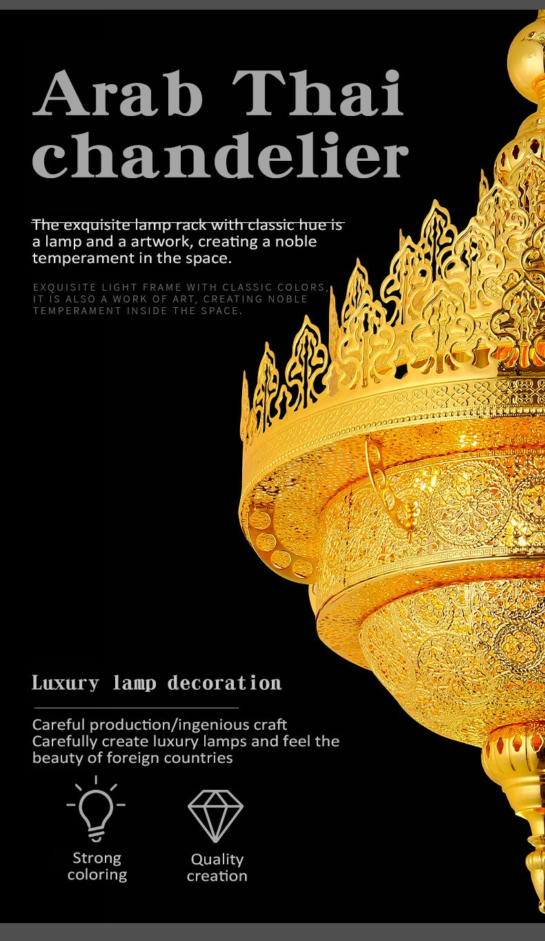 Retro Hollow Carved Pendant Light Hotel Villa Buddha Hall Loft Restaurant Home Decor Gold Ceiling Chandelier Lighting Fixture