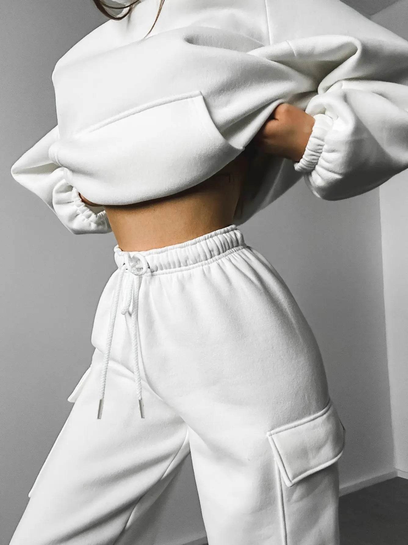 Hoodies Suit Winter Autumn Solid Casual Tracksuit Women Fleece 2 Pieces Set Sports Sweatshirts Pullover Jogger Sweatpants Outfit - AIAZ