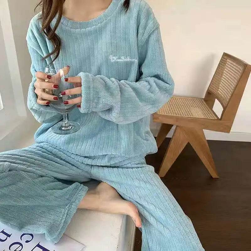 Autumn Women Solid Warm 1/2 Piece Sets Thicken Velvet Ribbed Fleece Set Pullover And Pants Women Casual Pajama Sets 2025 - AIAZ