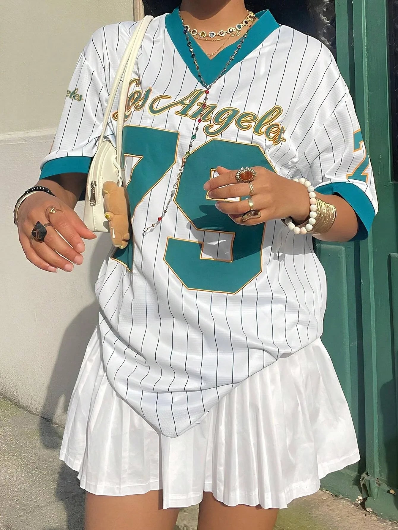 Women's Los AngelesLetter Print V-Neck Short Sleeve T-Shirt Summer Graphic Tee Baseball Jerseys Oversized Sport T-Shirt