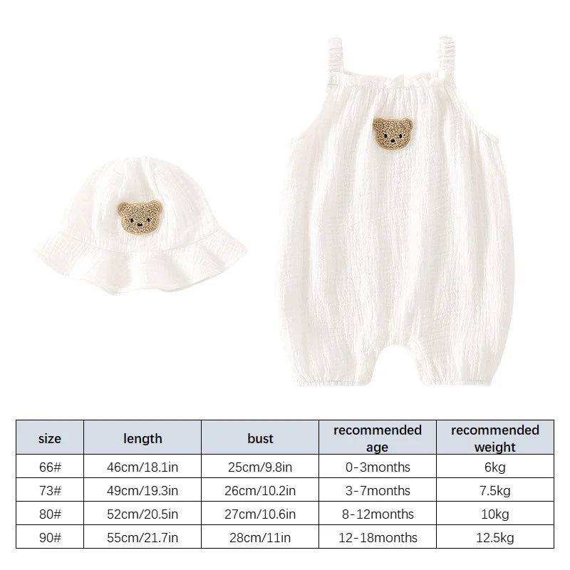 2Pcs/Set Baby Summer Clothing Solid Newborn Infant Romper With Hat Muslin Cotton Sleeveless Baby Boys Girls Jumpsuit Outfits