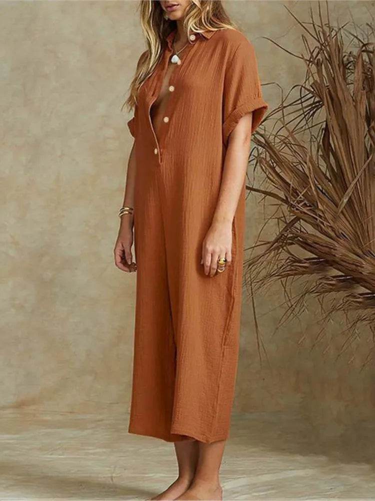 Summer Casual Workwear Jumpsuit Cotton And Linen Women's Trousers Spring Summer Elegant Office Lady Loose Simple Jumpsuits - AIAZ