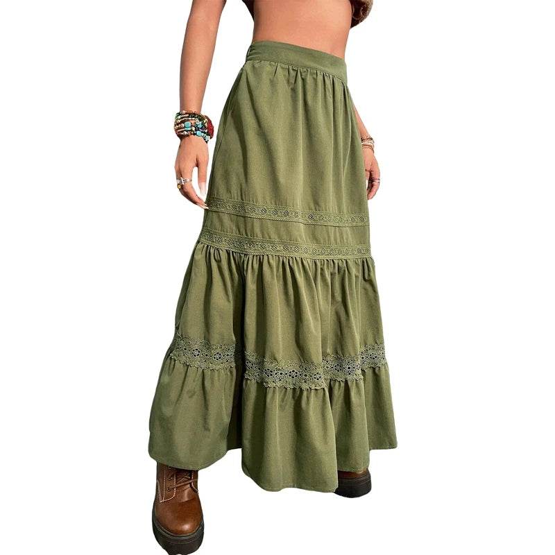 Skirts For Woman Green Pleated Skirts Korean Fashion Holiday Boho Waist Long Skirts Retro Y2K Fairycore Cute Lace Trim Clothes - AIAZ