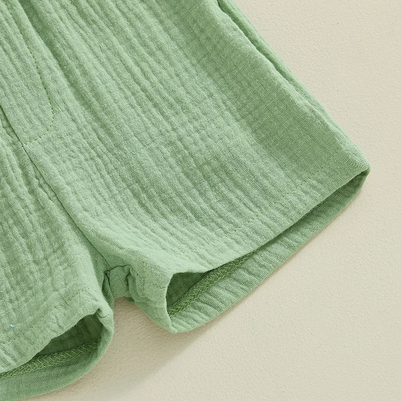 Suefunskry Toddler Boys Summer 2Pcs Casual Outfits Solid Color Short Sleeve Button Tops and Elastic Waist Shorts Sets 6M-4Y