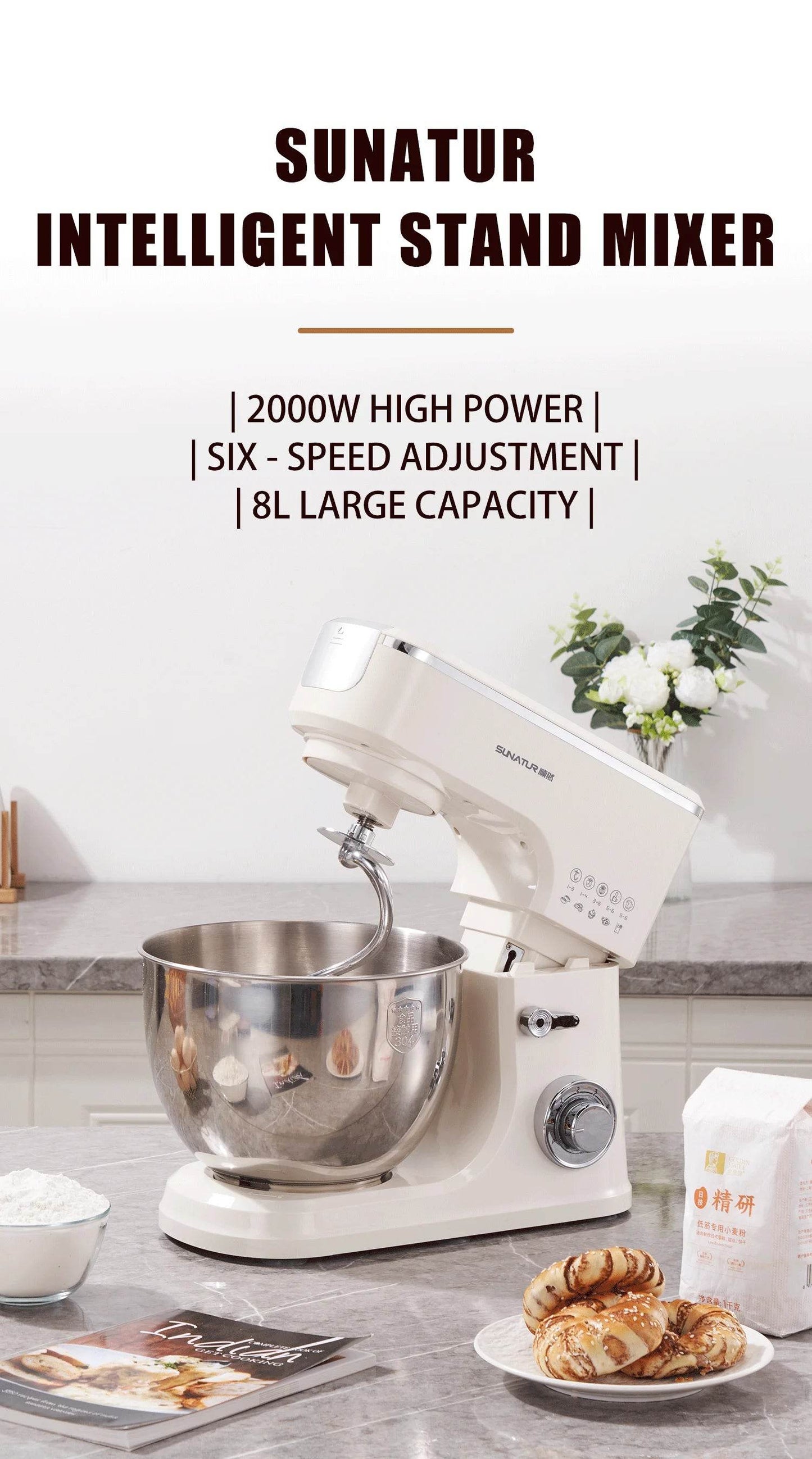 SUNATUR 2000W electric kitchen blender 8L stand mixer machine Egg Beating cream All-in-One Mixer Household Auto Dough Kneading - AIAZ