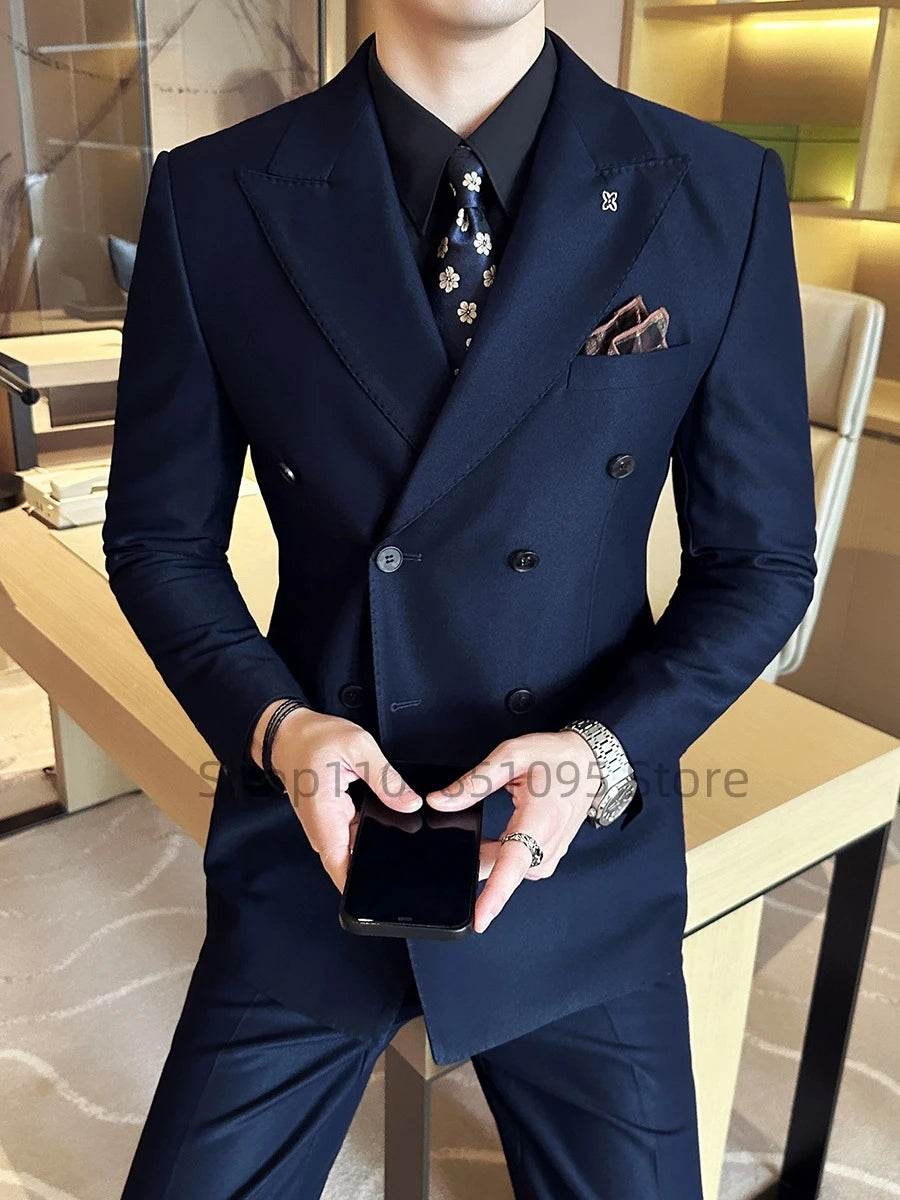Fashion Navy Blue Business Men Suit Groom Wedding Party Prom Formal Occasion Tuxedos 2 Piece Clothes Set Peak Lapel Blazer Pants - AIAZ