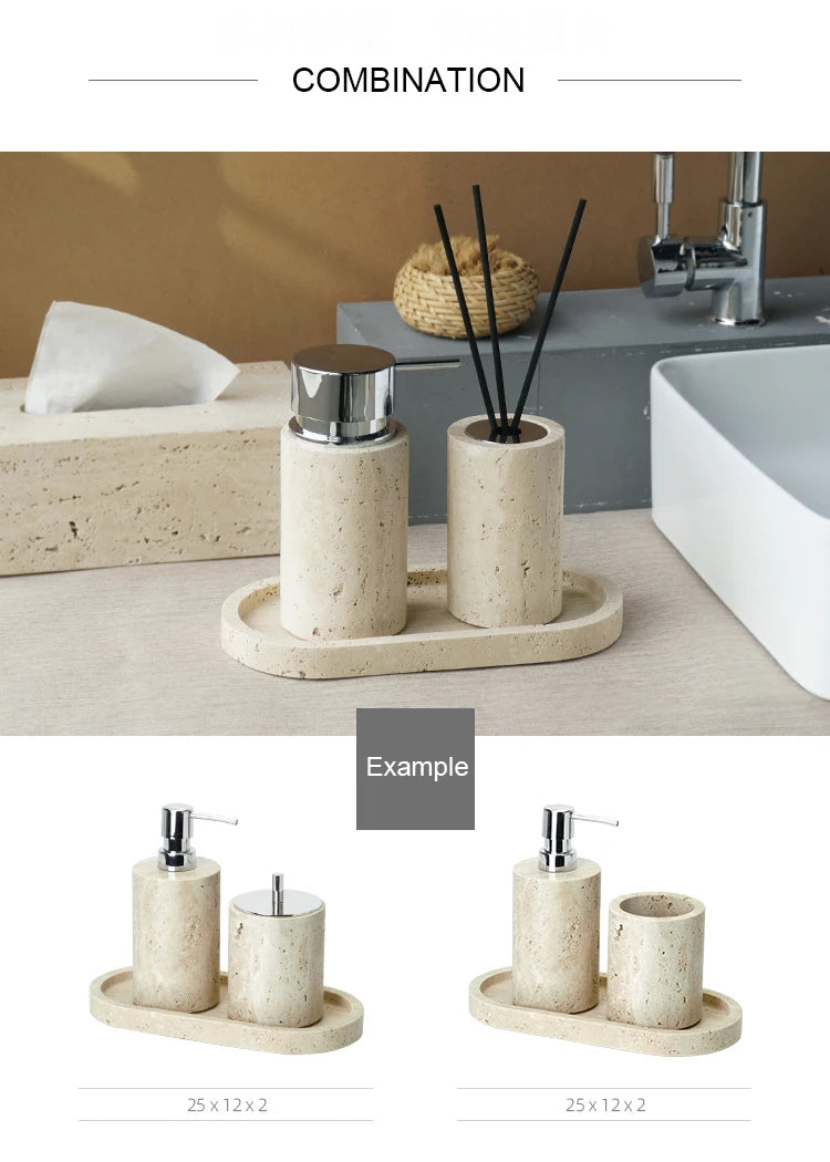 Beige Travertine Bathroom Accessories Set Natural Marble Soap Dispenser Soap Dish Reed Diffuser Vanity Tray Bathroom Set