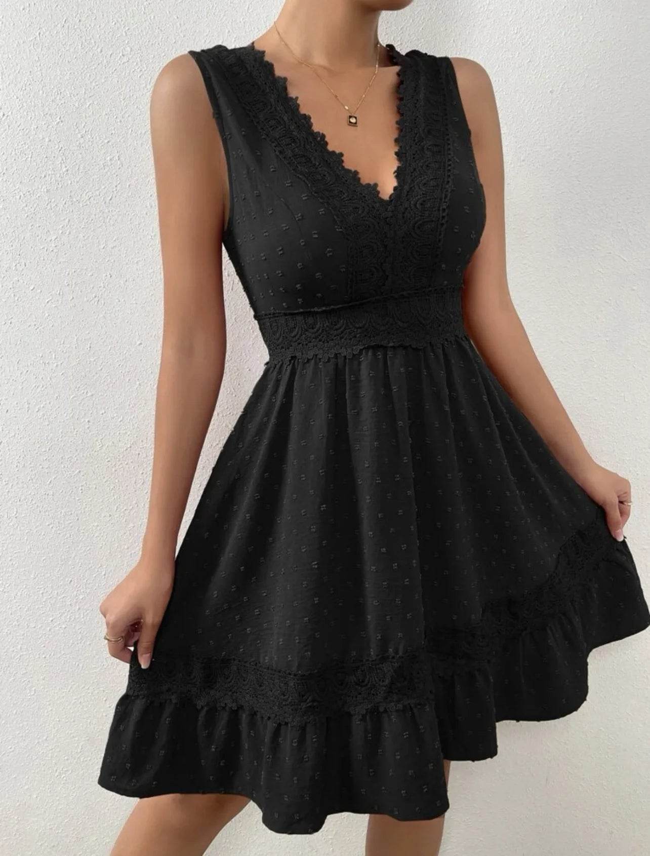Women's White Party Dress Fashion Lace V-neck Ruffle Hook Flower Hollow Waist Mini Women Dresses Summer Sexy Prom Female Vestido - AIAZ