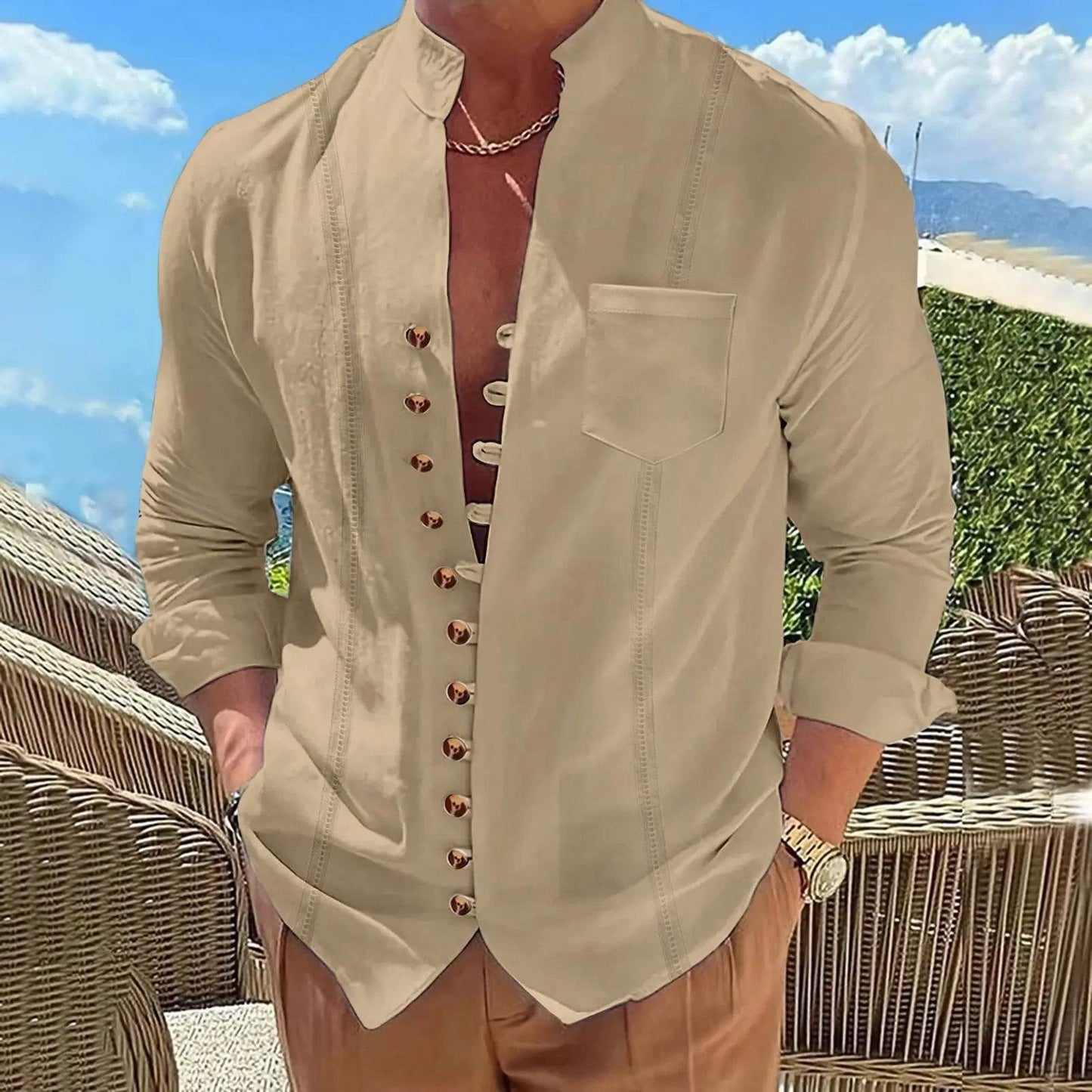 2025 Men's new cotton and linen pocket retro stand-up collar long-sleeved shirt Casual multi-button solid color striped cardigan - AIAZ