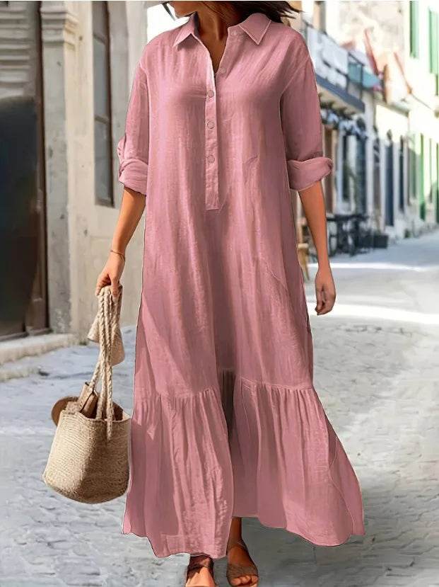 2025 Women's Linen Shirt Dress - Asymmetrical Hem Button Down Casual Dress - AIAZ