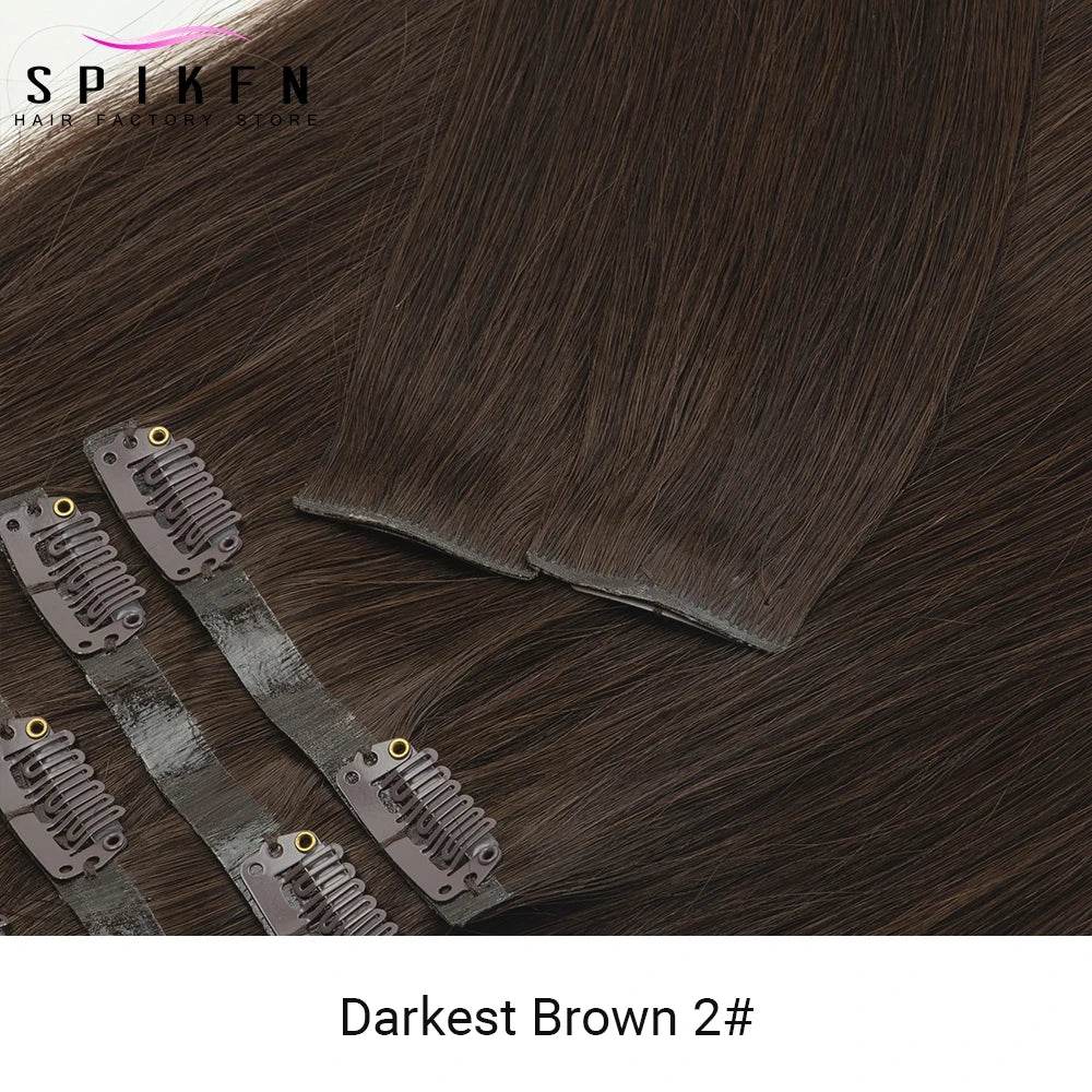 Invisible PU Clip ins Extensions 100-120g 7pcs/set Clip in Human Hair Chocolate Brown Straight Machine Remy Hair Pieces Clip On - AIAZ