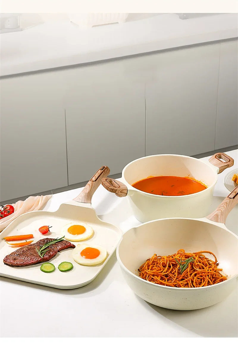 DONNOR 16Pcs/set Pot Set Home Nonstick Beef Steak Frying Pan Stewed Pot with Silicone Spatula and Glass Lid Kitchen Cookware Set