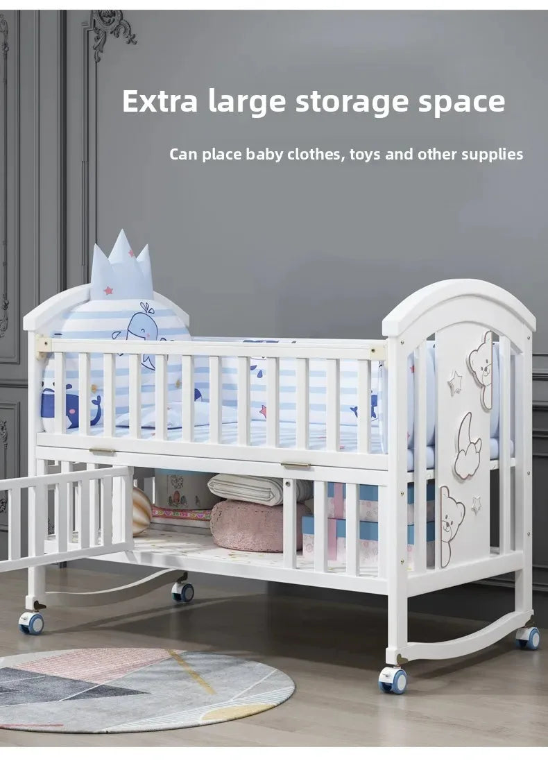 2025New Solid Wood Baby Crib Movable Splicing Bed Multifunctional Baby Rocking Bed Adjustable Guardrail Height with Mosquito Net