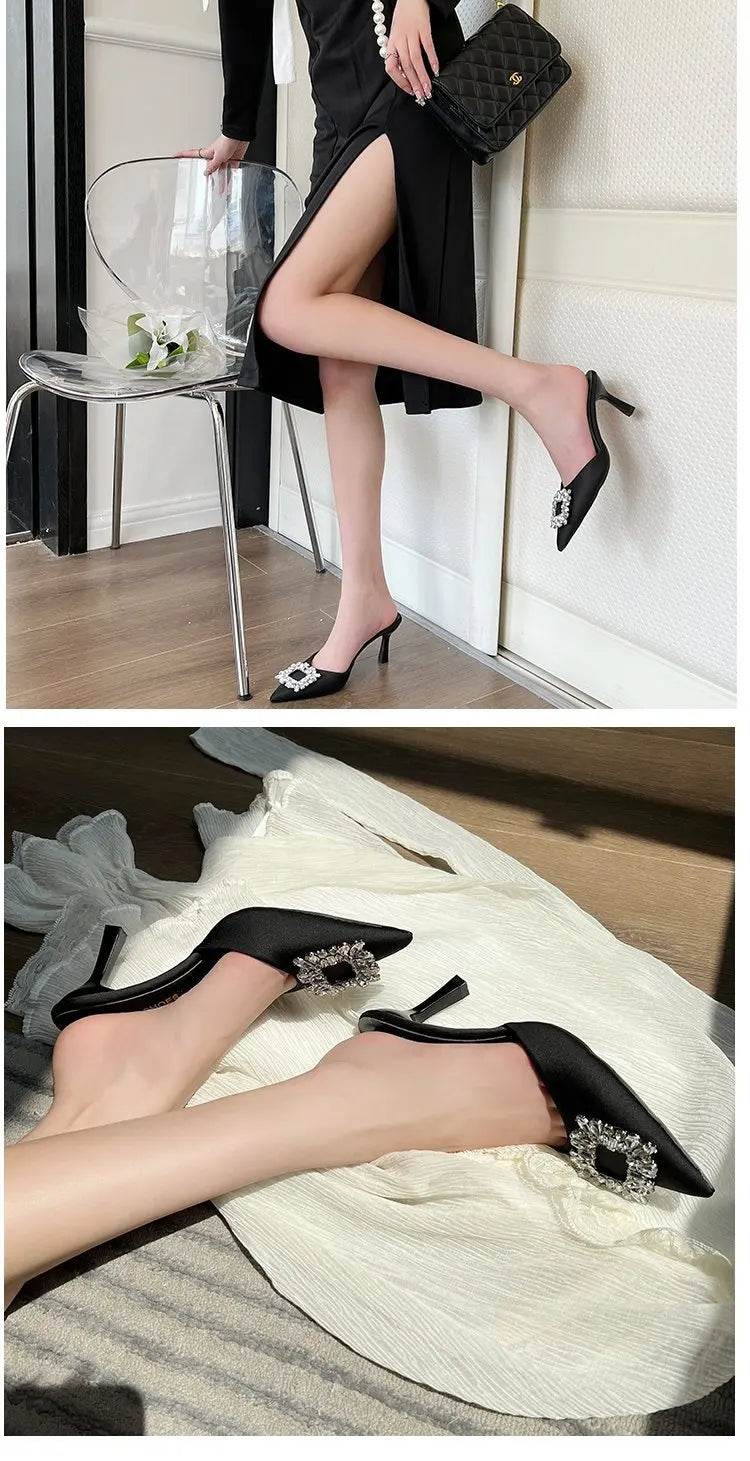 Women Sandals Summer New Slippers Pointed Toe Slingback Mules Shoes Woman Fashion Rhinestone Ladies High Heels Sexy Party Pumps - AIAZ