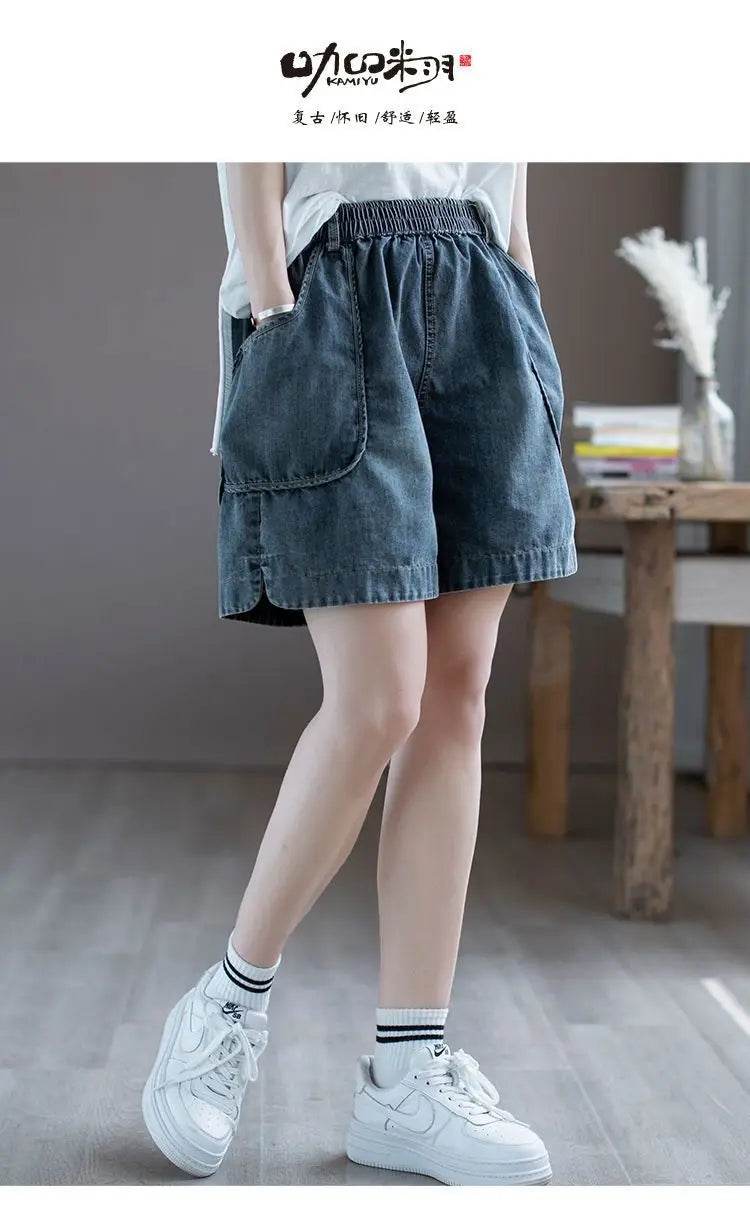 Summer Thin High-waisted Retro Denim Shorts for Women Loose Mid-pants New Wide-leg Large Pocket Five-point Pants - AIAZ